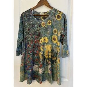 Et Lois Womens Shirt Small Blouse Watercolors Sunflower Garden Artsy Tunic Flowy
